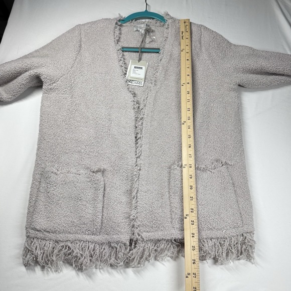 Barefoot Dreams Cozy Chic NEW Fringed Jacket Cardigan Sz M Oyster Gray Pockets - Picture 10 of 14